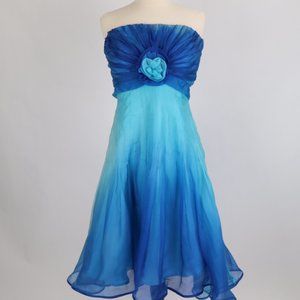 🌺 Tadashi Strapless Blue Ombre Chiffon Ruched Flower Dress Gown Party Prom